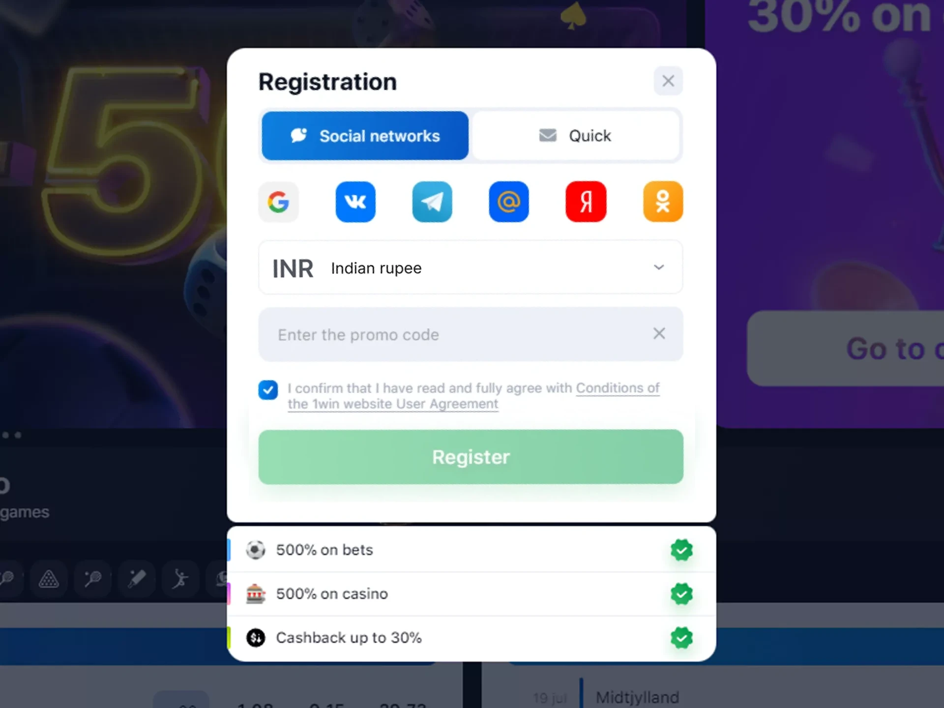 Select preferred registration method in 1win - social media, phone number, email.