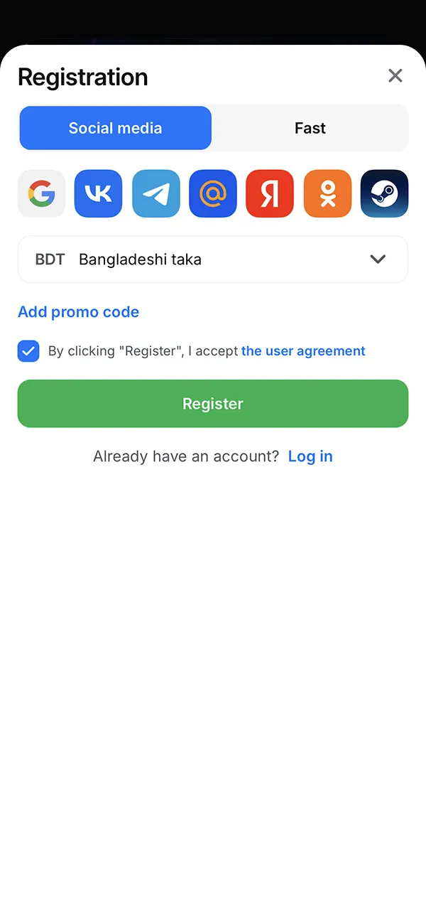 Complete a quick registration in the 1Win application.